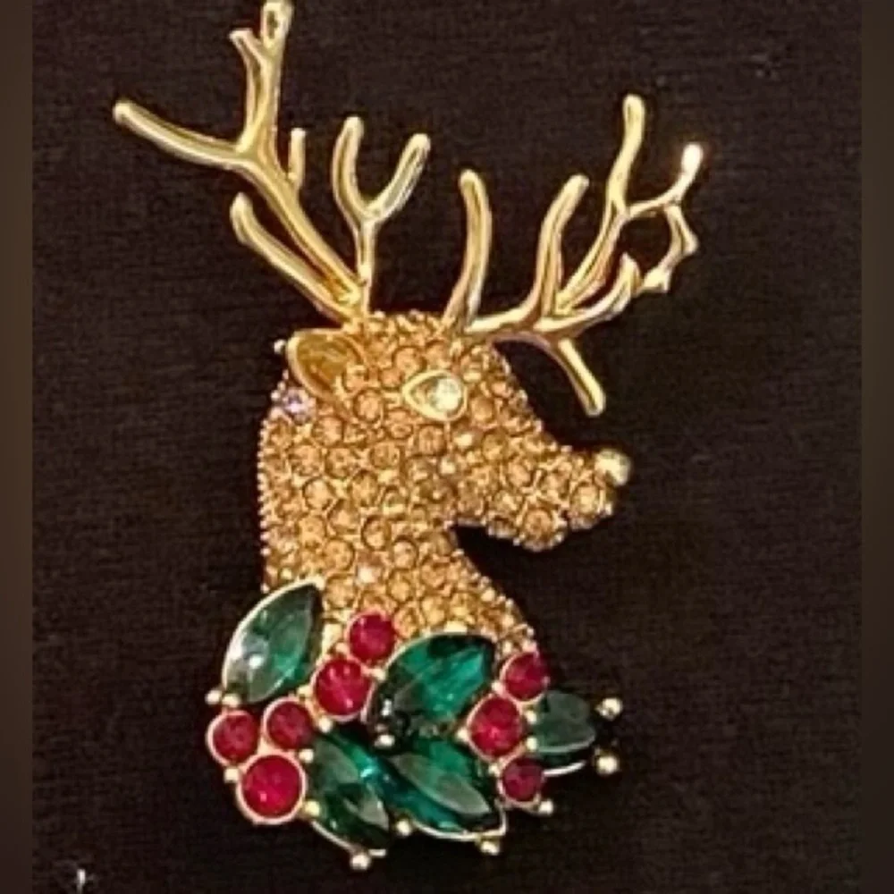 Gold-tone crystal encrusted reindeer green red crystal holly leaves brooch pin